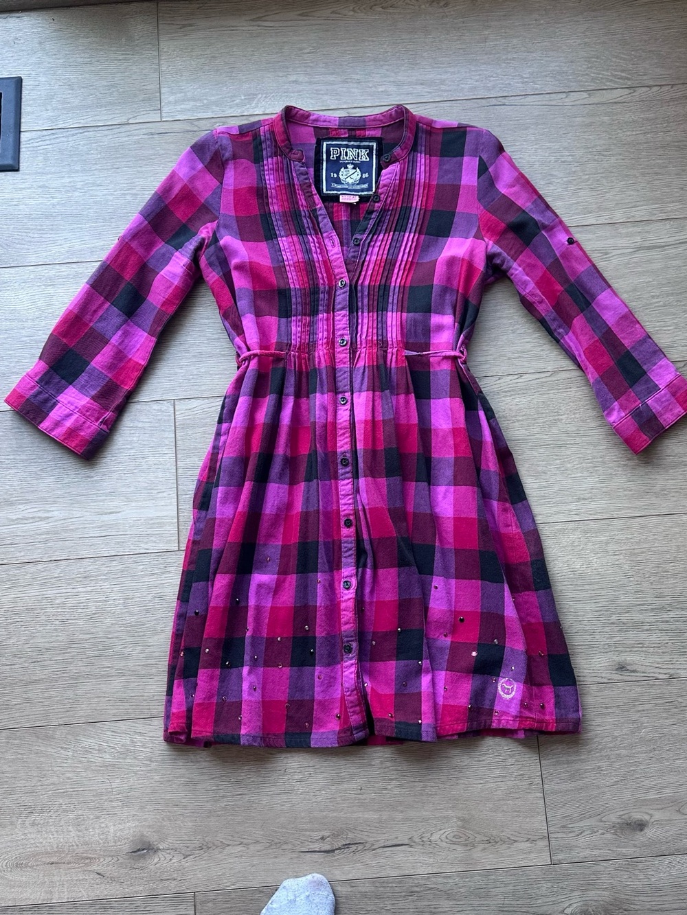 Victoriaโs Secret PINK Plaid Shirt Dress XS Pink Black Flannel Rhinestone Y2Kโ